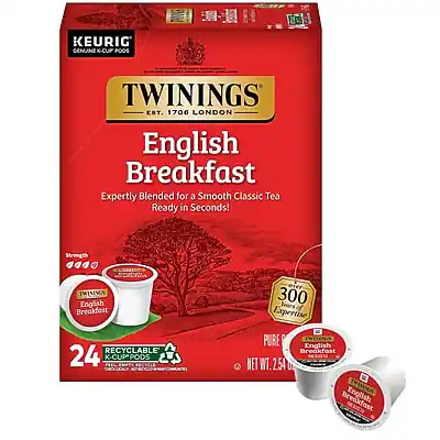 KEURIG CENUINE K-CUP PODS
TWININGS
EST. 1706 LONDON
English Breakfast
Expertly Blended for a Smooth Classic Tea
Ready in Seconds!
Strength
TWININGS English Breakfast
RECYCLABLE
24 K-CUP PODS
PURE
TWININGS English Breakfast
NET WT. 2.54 OZ (72g)
300 Expertise
TWININGS English Breakfast