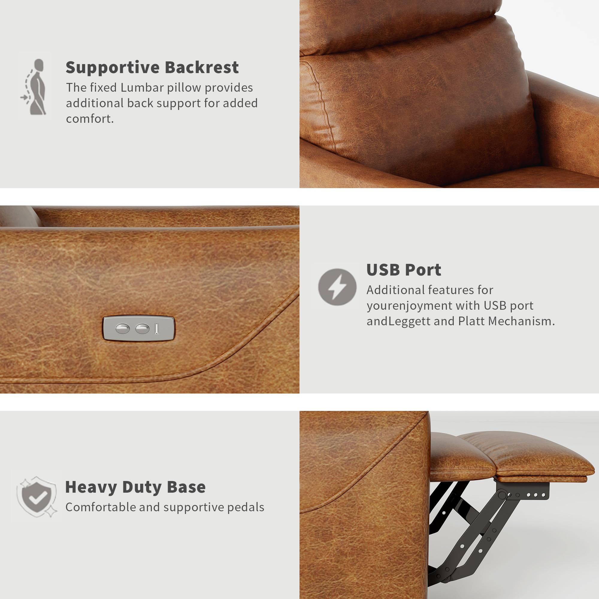 Supportive Backrest  
The fixed Lumbar pillow provides additional back support for added comfort.

USB Port  
Additional features for your enjoyment with USB port and Leggett and Platt Mechanism.

Heavy Duty Base  
Comfortable and supportive pedals