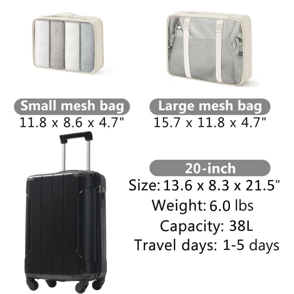 Small mesh bag: 11.8 x 8.6 x 4.7"  
Large mesh bag: 15.7 x 11.8 x 4.7"  

20-inch  
Size: 13.6 x 8.3 x 21.5"  
Weight: 6.0 lbs  
Capacity: 38L  
Travel days: 1-5 days