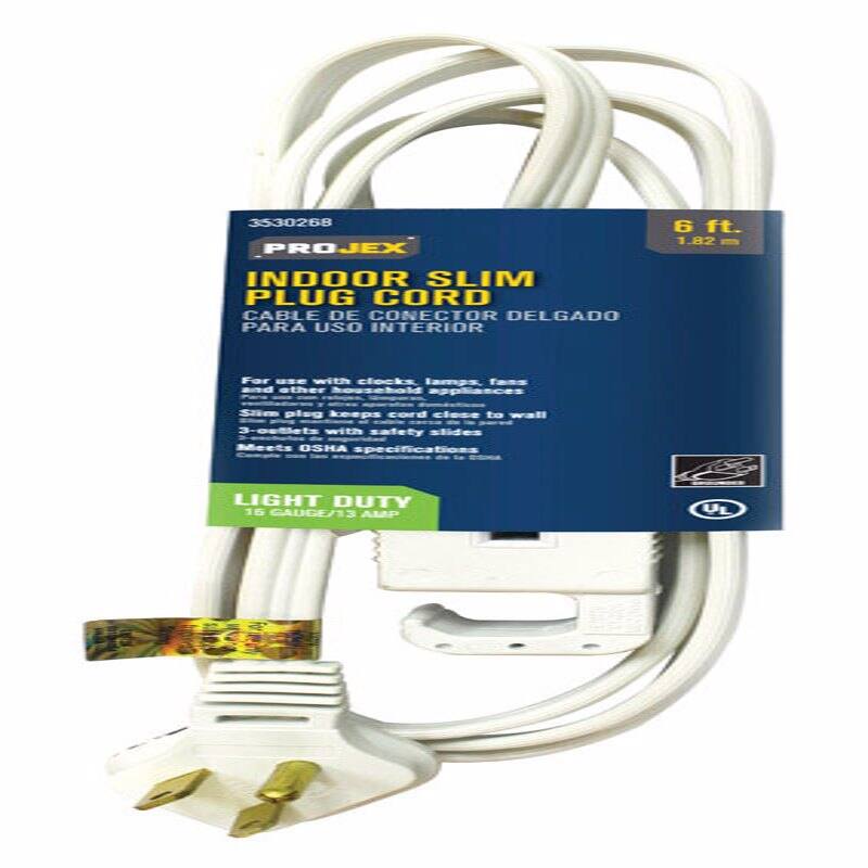 3530268  
PROJEX  
6 ft. 1.82 m  
INDOOR SLIM PLUG CABLE  
CABLE DE CONECTOR DELGADO PARA USO INTERIOR  

For use with clocks, lamps, fans, and other household appliances.  
Slim plug keeps cord close to wall.  
2-Outlet with safety switch.  
Meets OSHA specifications.  

LIGHT DUTY  
18 GAUGE/13 AMP  

UL