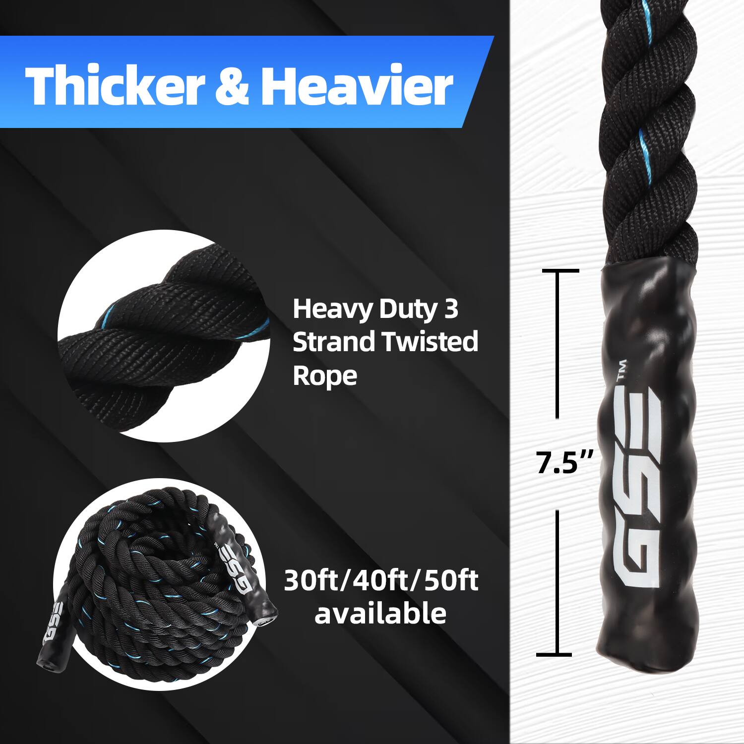 Thicker & Heavier

Heavy Duty 3 Strand Twisted Rope

7.5"

30ft/40ft/50ft available