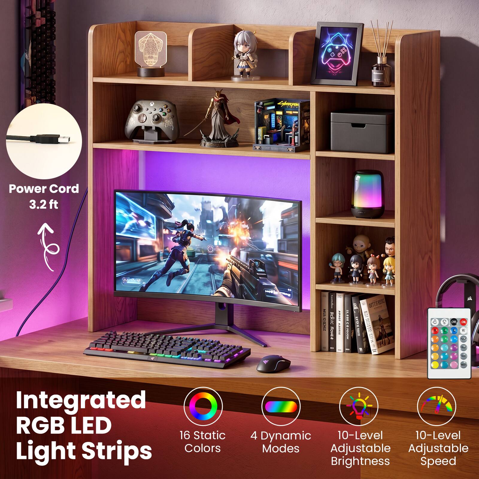 Len Power Cord 3.2 ft - MIAUE S

Integrated RGB LED 16 Static Strips Colors Light 4 Dynamic 10-Level 10-Level Modes Adjustable Adjustable Brightness Speed