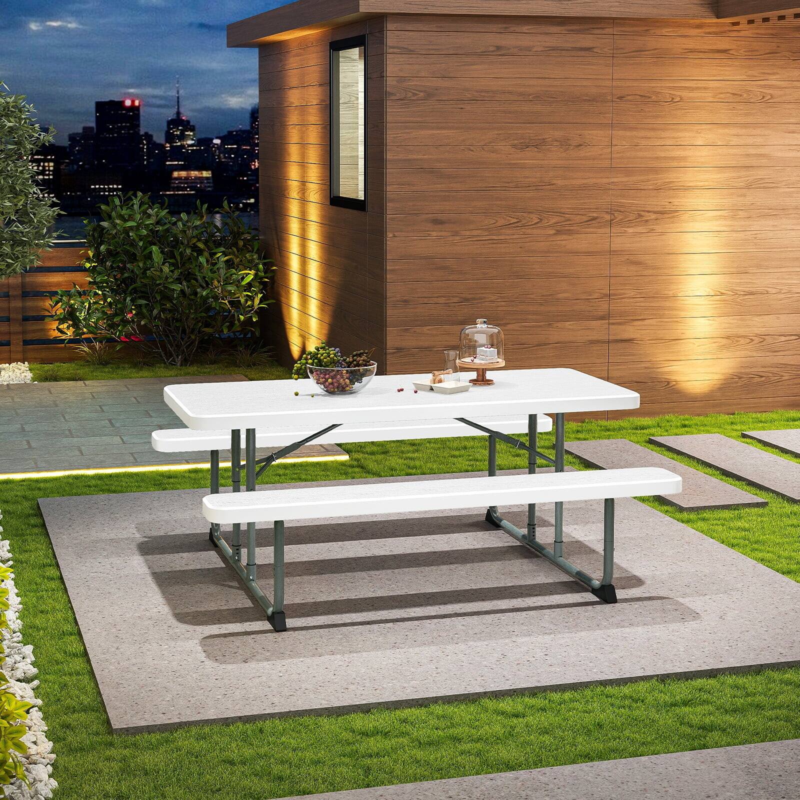 Alt View 1. HONGGE - Large Outdoor Picnic Table with Benches and Wood Grain Design - White.