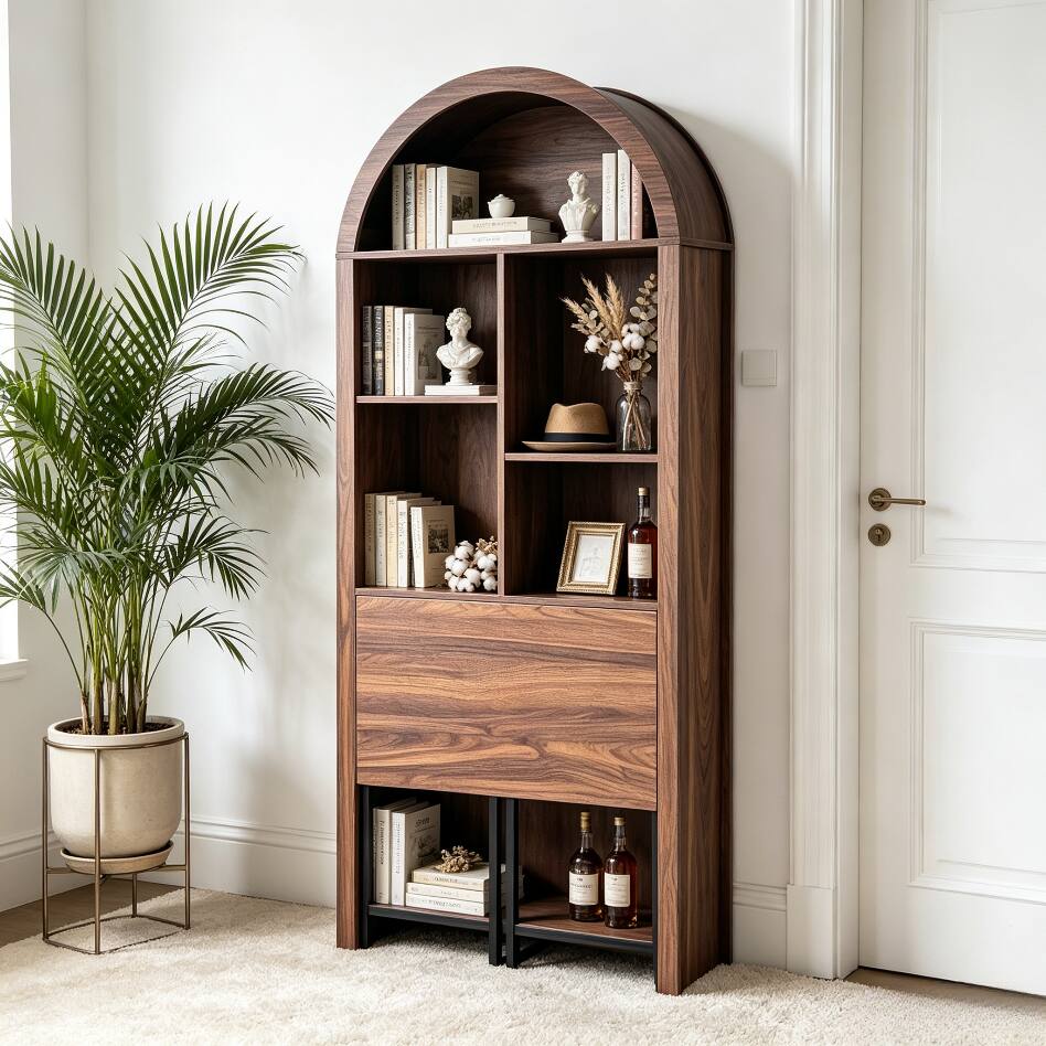 Alt View 6. Bestier - Bookshelf With Fold Down Hidden Desk, Hideaway Desk with Storage Hutch, 71in Space-Saving Storage Cabinet - Walnut.
