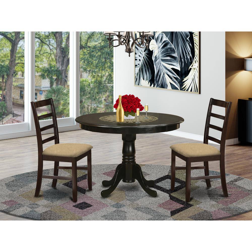 Left. East West Furniture - HLAN3-CAP-C 3 Pc Kitchen nook Dining set-round Kitchen Table and 2 slatted back Kitchen Chairs. - Cappuccino.