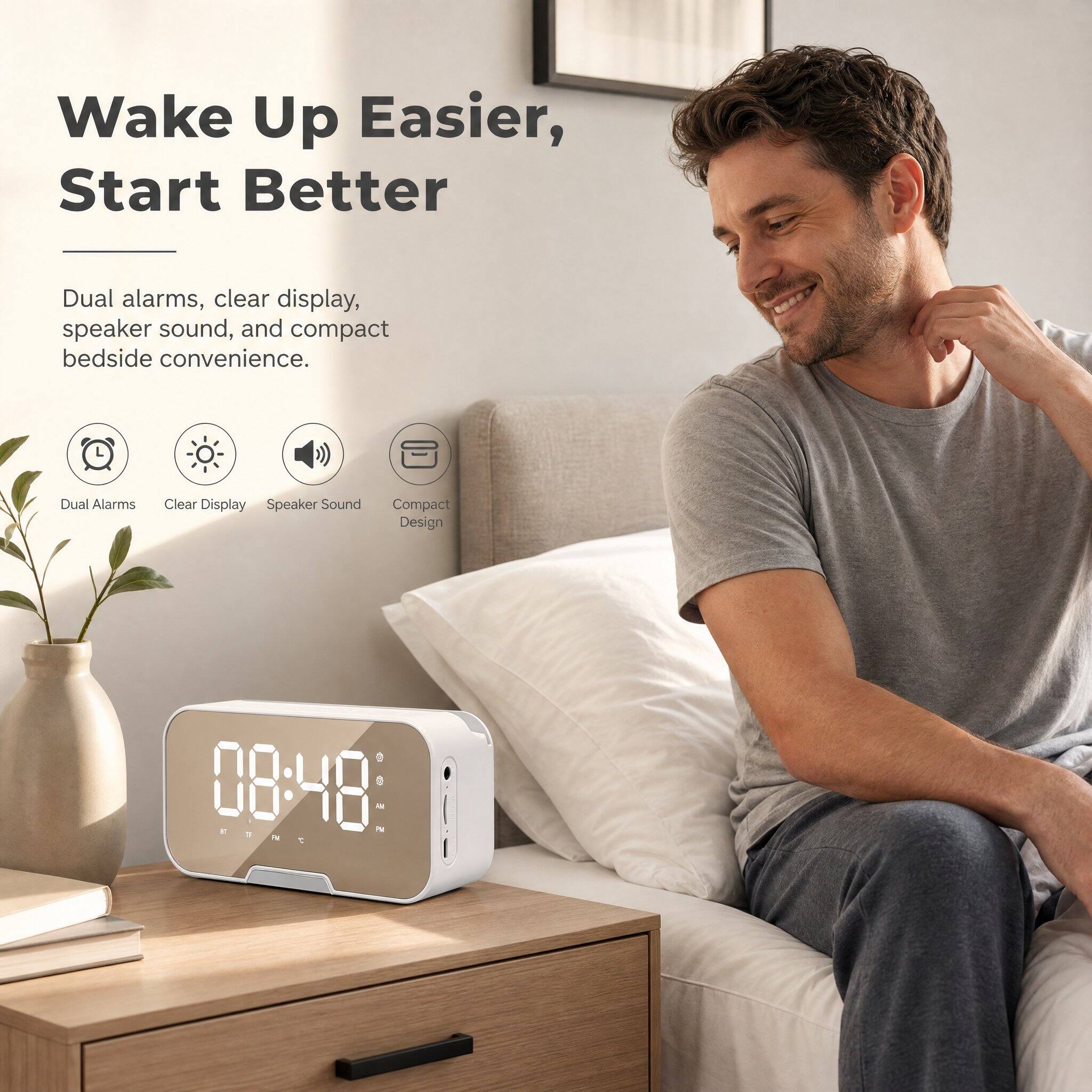 Wake Up Easier, Start Better

Dual alarms, clear display, speaker sound, and compact bedside convenience.

Dual Alarms
Clear Display
Speaker Sound
Compact Design

08:48 IT 5 N PM