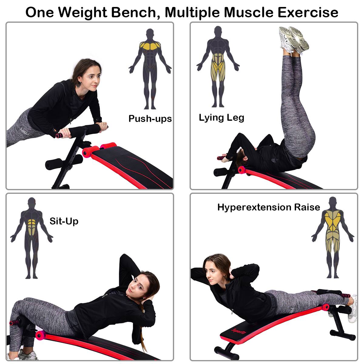 One Weight Bench, Multiple Muscle Exercise: Push-ups, Lying Leg, Sit-up, Hyperextension Raise