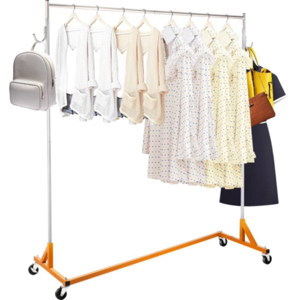Front. LUCKY ONE - 70.9" H Height Adjustable Rolling Z Base Garment Rack w/ Lockable Casters - White+Light Orange.