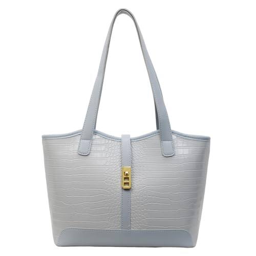 Front. DORLUKFU - PU Leather Tote Bag for Women, Vegan Leather Shoulder Purse with Zipper, Lightweight Work Bag, Casual Handbag - Blue_crocodile.