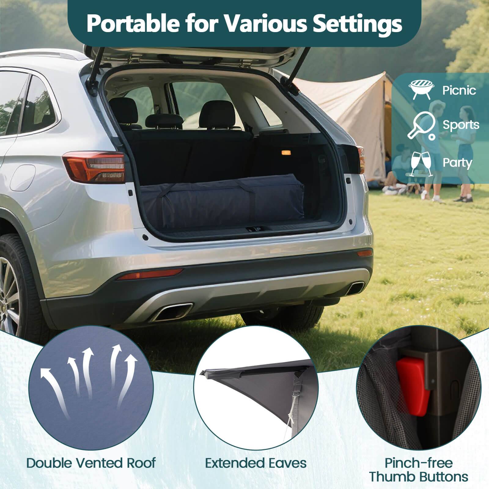 Portable for Various Settings  
- Picnic  
- Sports  
- Party  

Double Vented Roof  
Extended Eaves  
Pinch-free Thumb Buttons