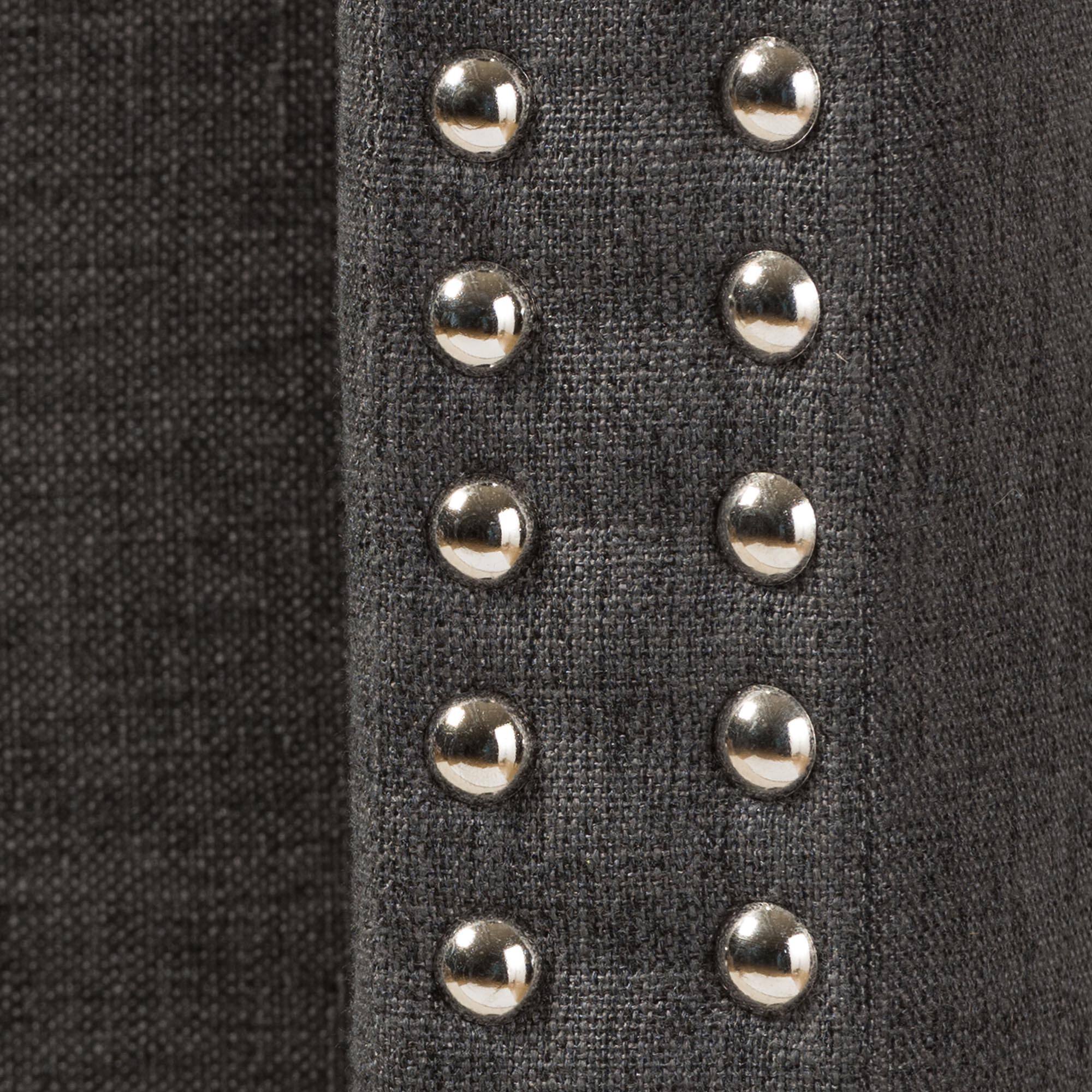 Back. Baxton Studio - Ginaro Modern And Contemporary Fabric Button-Tufted Nail head King Size Winged Headboard - Dark Grey.