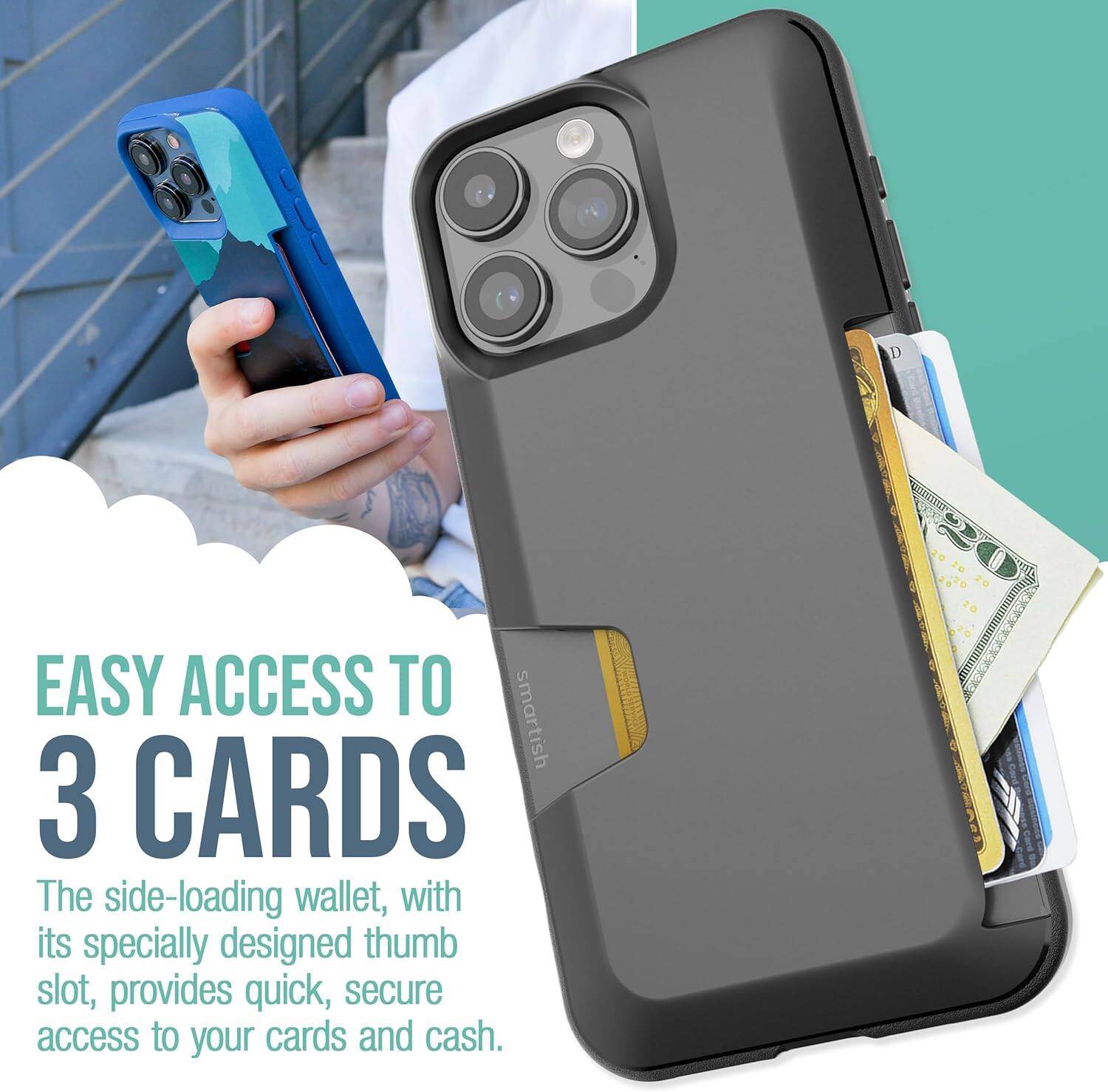 EASY ACCESS TO 3 CARDS

The side-loading wallet, with its specially designed thumb slot, provides quick, secure access to your cards and cash.