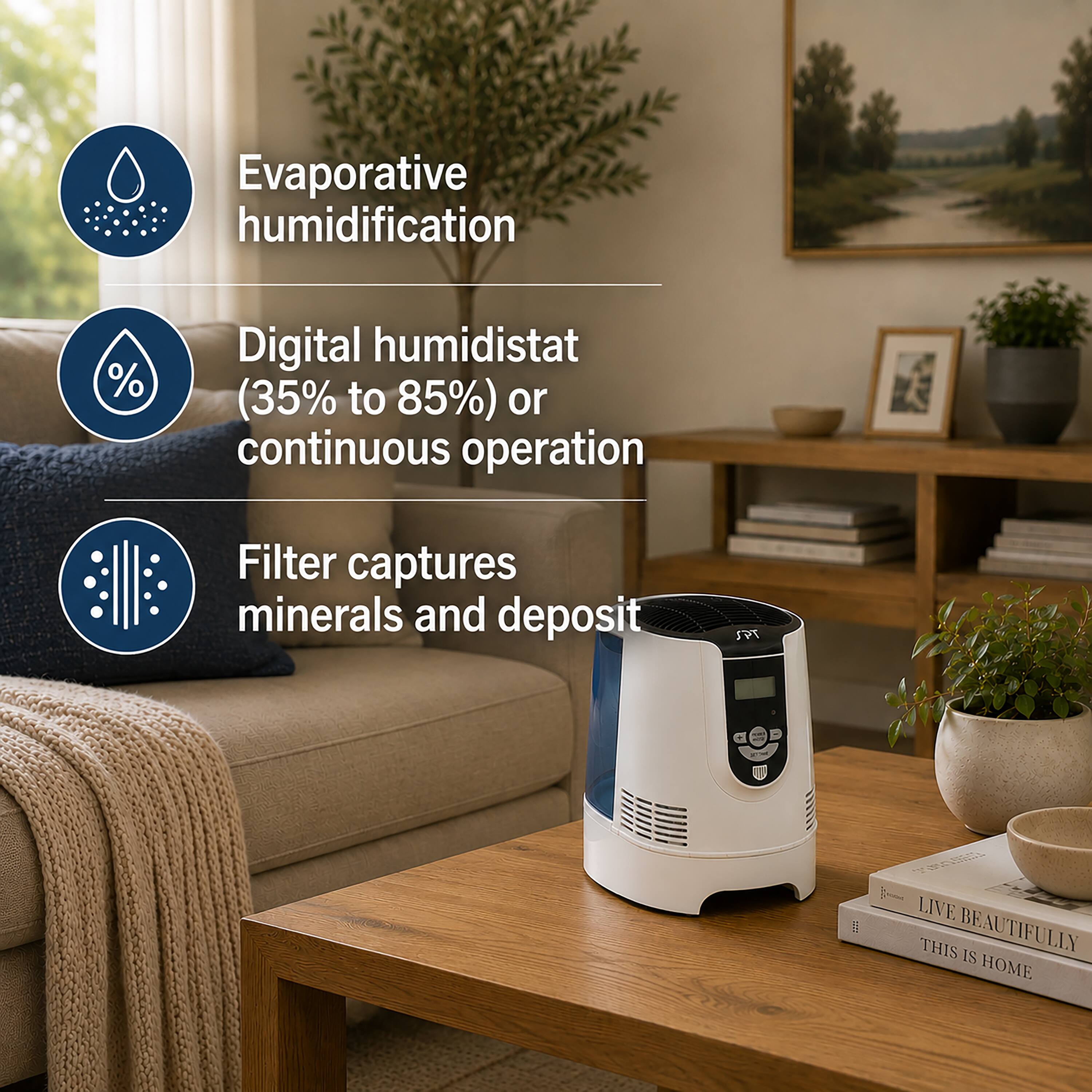 Evaporative humidification  
Digital humidistat (35% to 85%) or continuous operation  
Filter captures minerals and deposit  

LIVE BEAUTIFULLY  
THIS IS HOME