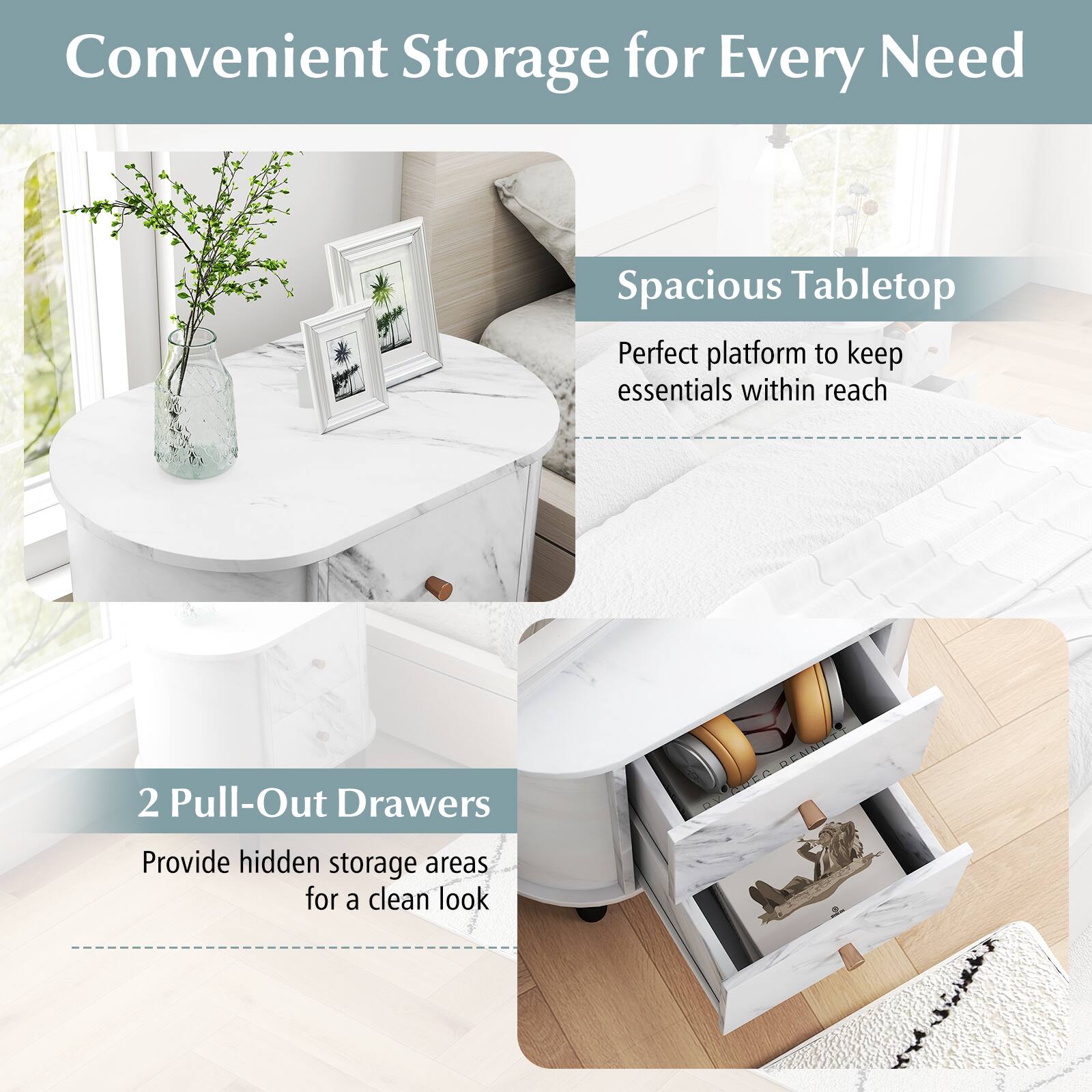 Convenient Storage for Every Need

Spacious Tabletop
Perfect platform to keep essentials within reach

2 Pull-Out Drawers
Provide hidden storage areas for a clean look