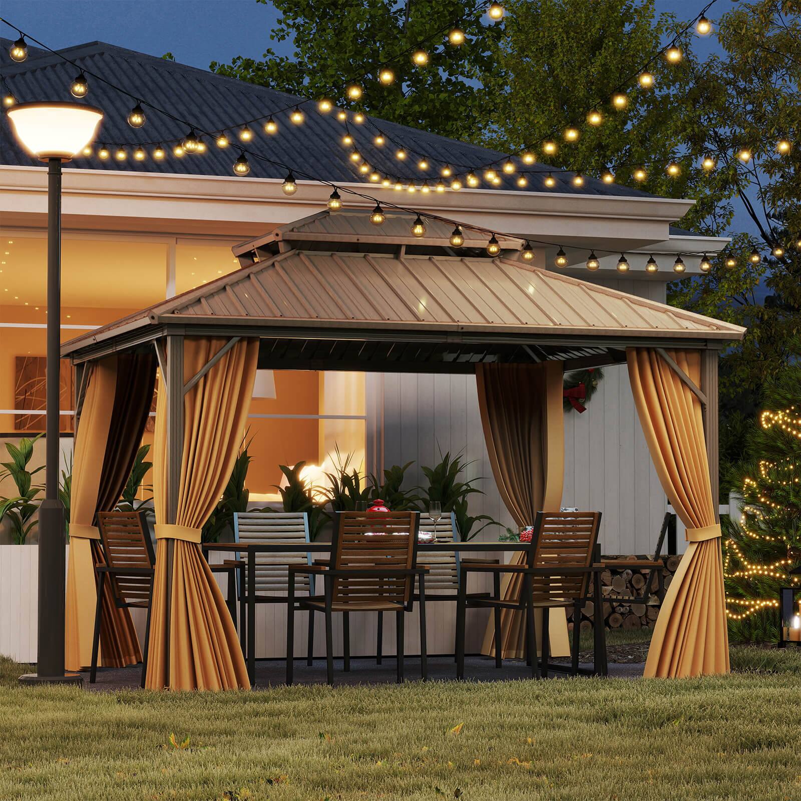 Alt View 4. Costway - Costway 12 X 10 FT Hardtop Gazebo with  Netting Heavy-Duty Double-Roof Galvanized Metal Top - Coffee.