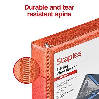 Durable and tear resistant spine

Staples
3-Ring Binder
View Binder
Standard Duty

1. The perfect binder for your everyday needs
2. Tabs for easy organization
3. D-Rings keep pages flat and close
4. D-Rings fit more pages
