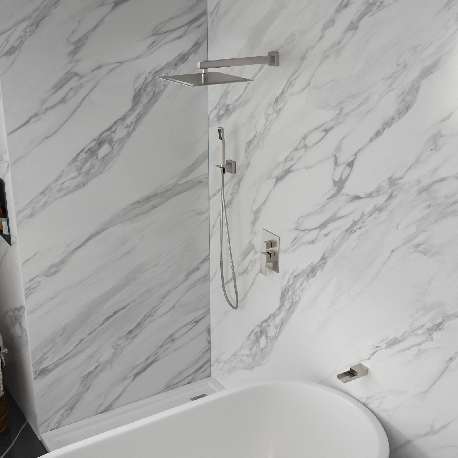 Back. Lordear - Shower System with Waterfall Tub Spout,12 Inch Wall Mounted Square Shower System with Rough-in Valve,Brushed Nickel - Brushed Nickel.