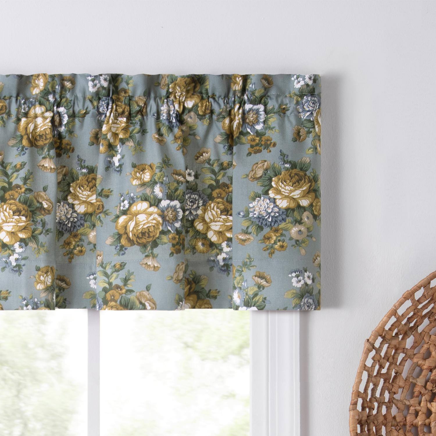 Left. Ellis Curtain - Ellis Bella Rose Stylish Medium Scale Printed Floral Pattern 1.5" Rod Pocket Tailored Valance for Windows 58"x15" Wedge - Wedge.