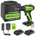 Greenworks - 24-Volt Cordless Brushless 1/2 in. Drill/Driver (2 x 1.5Ah USB Batteries, Charger and Bag) - Black/Green