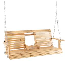 Costway - 2-seat Wood Swing Bench with Folding Cup Holder and Sturdy Metal Hanging Chains - Natural