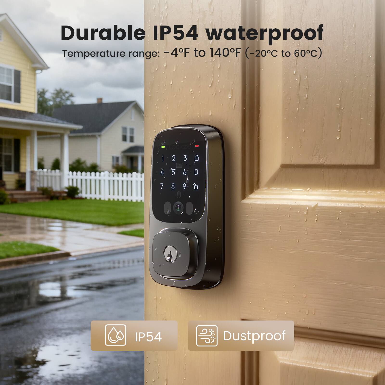 Durable IP54 waterproof  
Temperature range: -4°F to 140°F (-20°C to 60°C)  

LOCKZO  
1 2 3  
4 5 6  
7 8 9  
0  

IP54 Dustproof