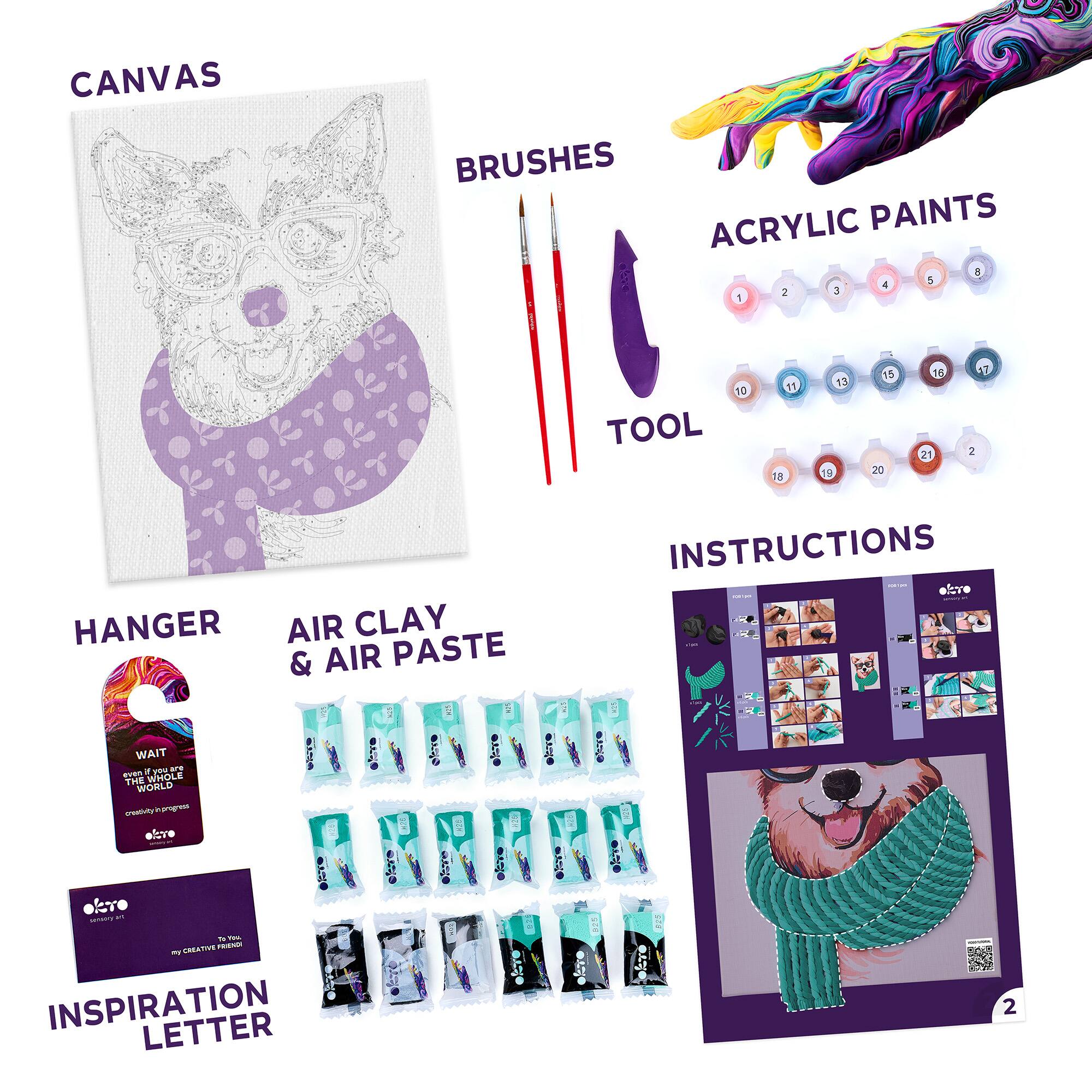 CANVAS  
BRUSHES  
ACRYLIC PAINTS  
TOOL  
HANGER  
AIR CLAY & AIR PASTE  
INSTRUCTIONS  
INSPIRATION LETTER