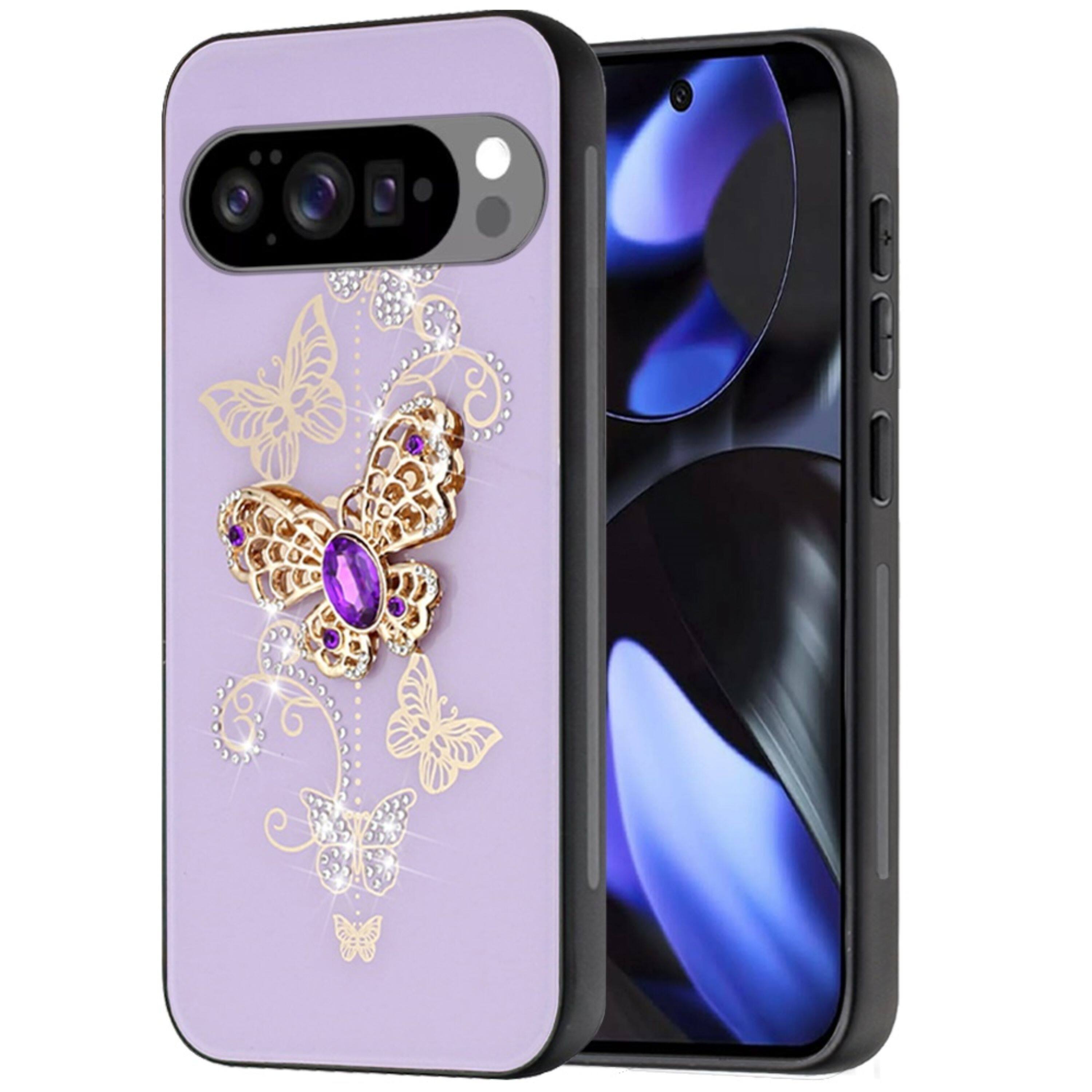 Angle. Kitcheniva - Luxury Rhinestone Bling Case With Tempered Glass For Google Pixel 10 / 10 Pro Garden Butterflies Purple - Multicolor.