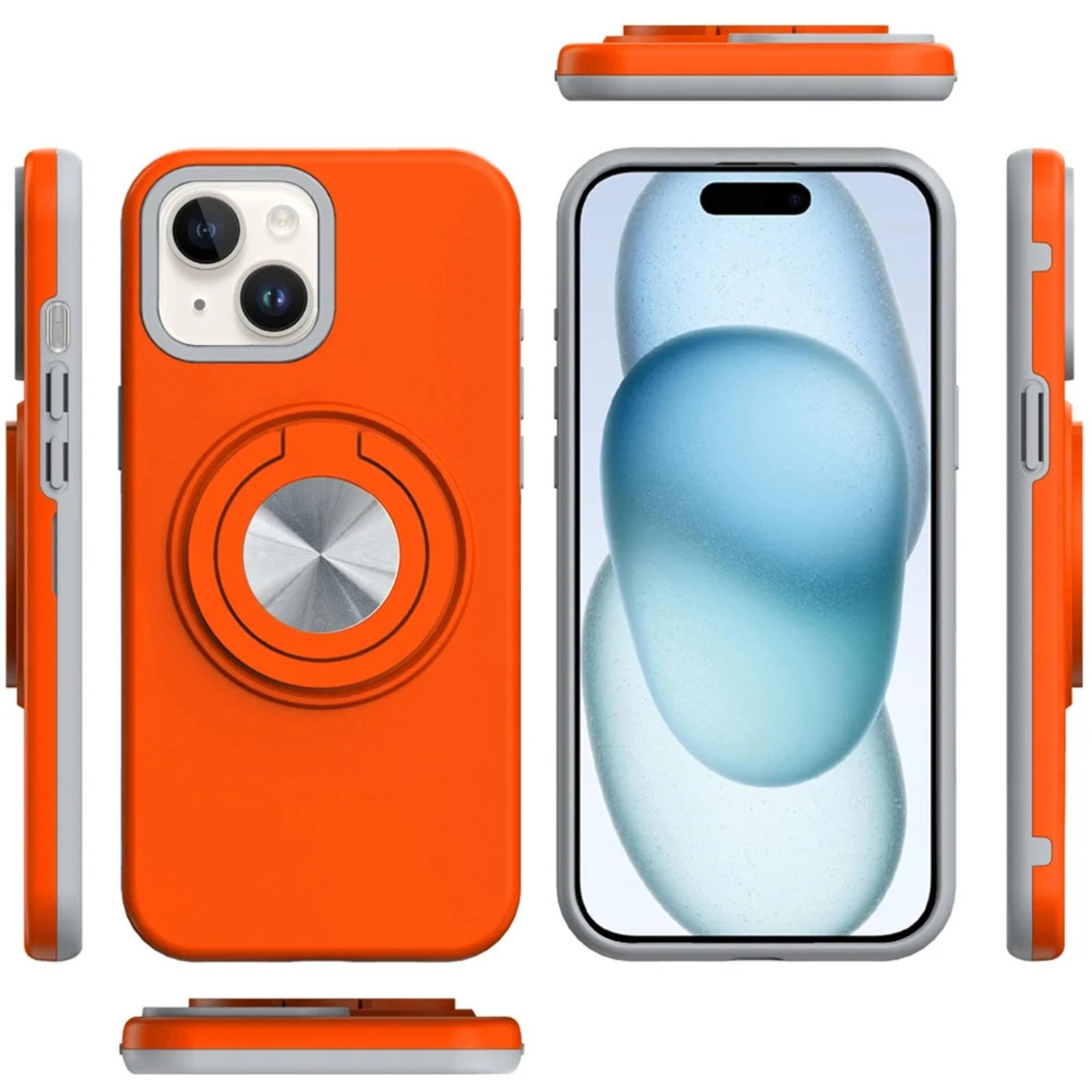 Angle. Kitcheniva - Solid Rugged Shockproof Phone Case With Stand And 2 Pcs Tempered Glass For iPhone 15 Plus Cosmic Orange - Orange.