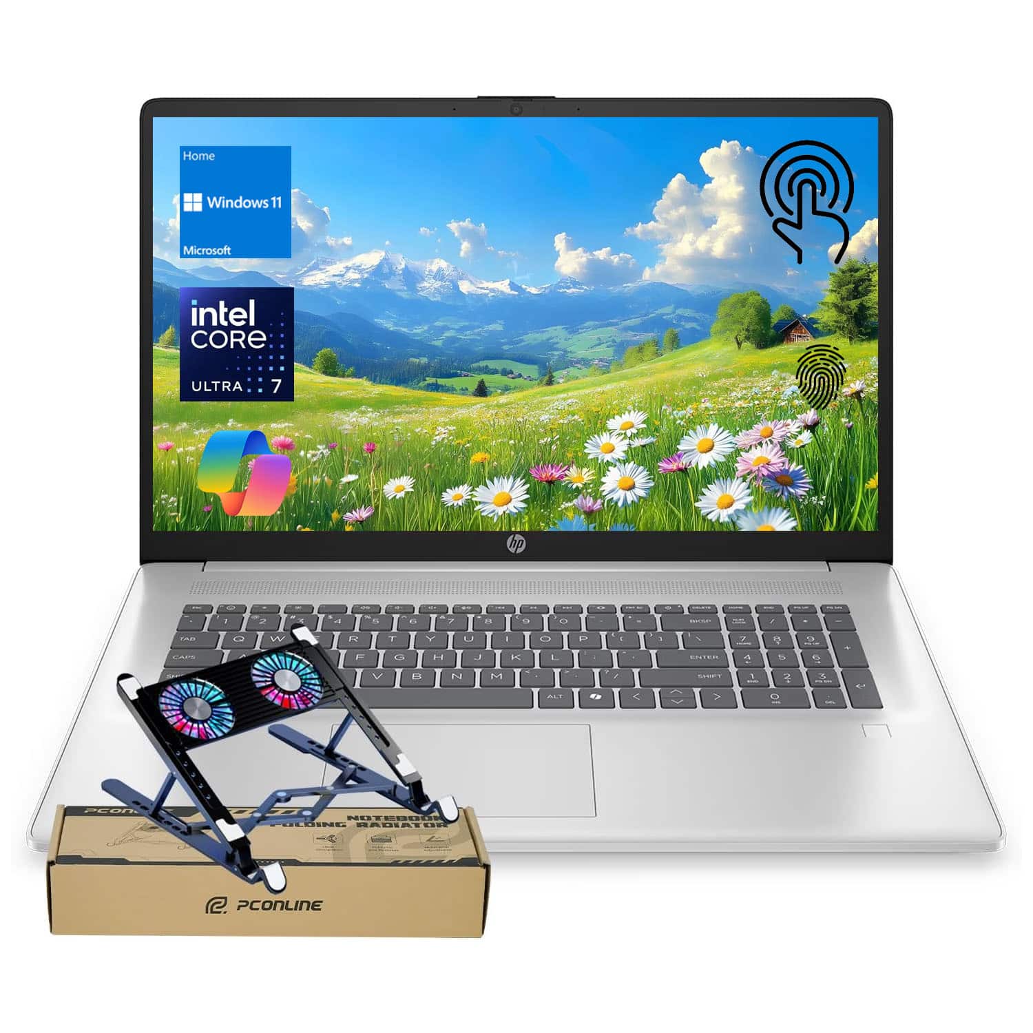 HP - 17.3" HD+ Touchscreen Laptop - Intel Core Ultra 7 255U - 64GB RAM - 1TB SSD - FP Reader & Copilot - PCO Laptop cooler - Silver