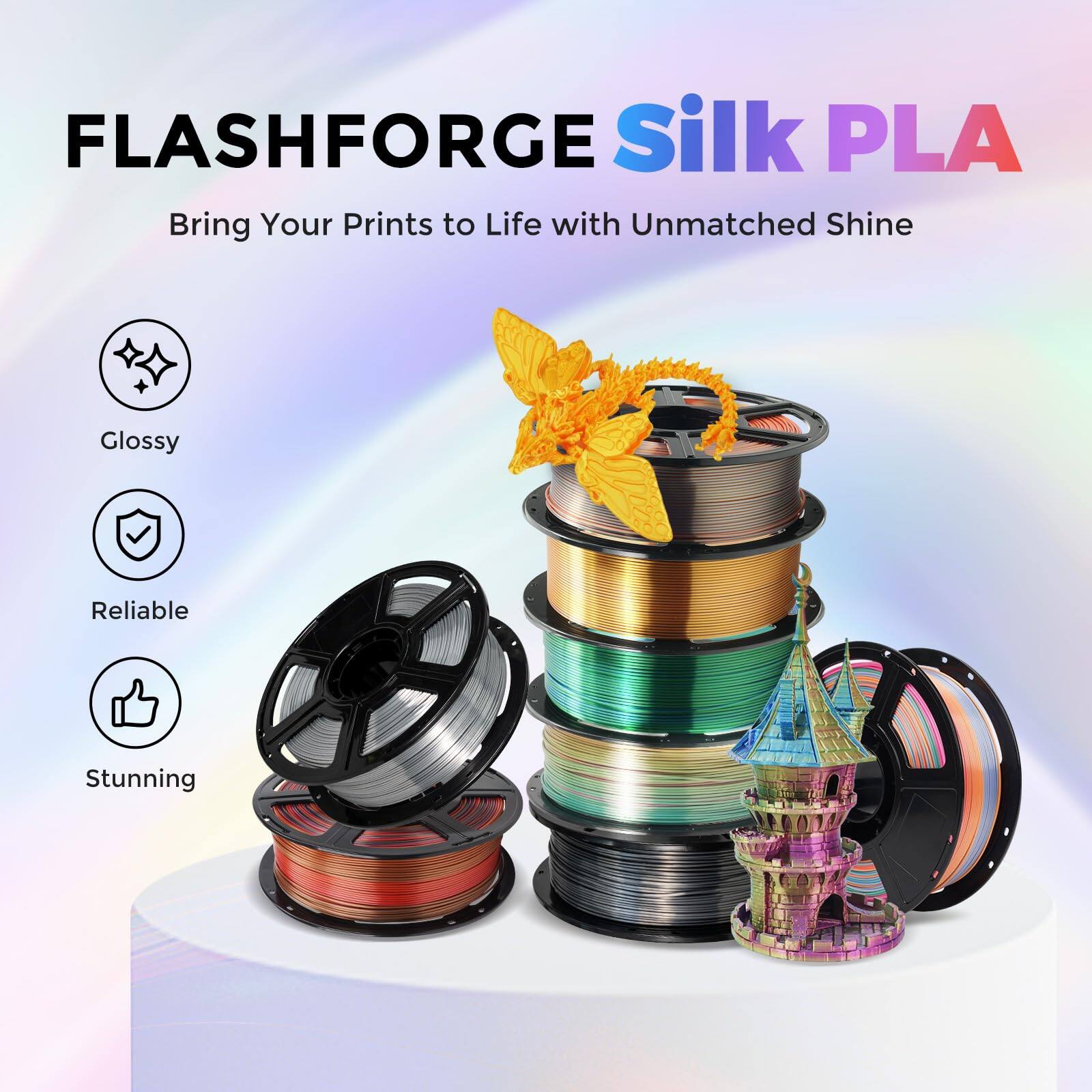 FLASHFORGE Silk PLA  
Bring Your Prints to Life with Unmatched Shine  

- Glossy  
- Reliable  
- Stunning