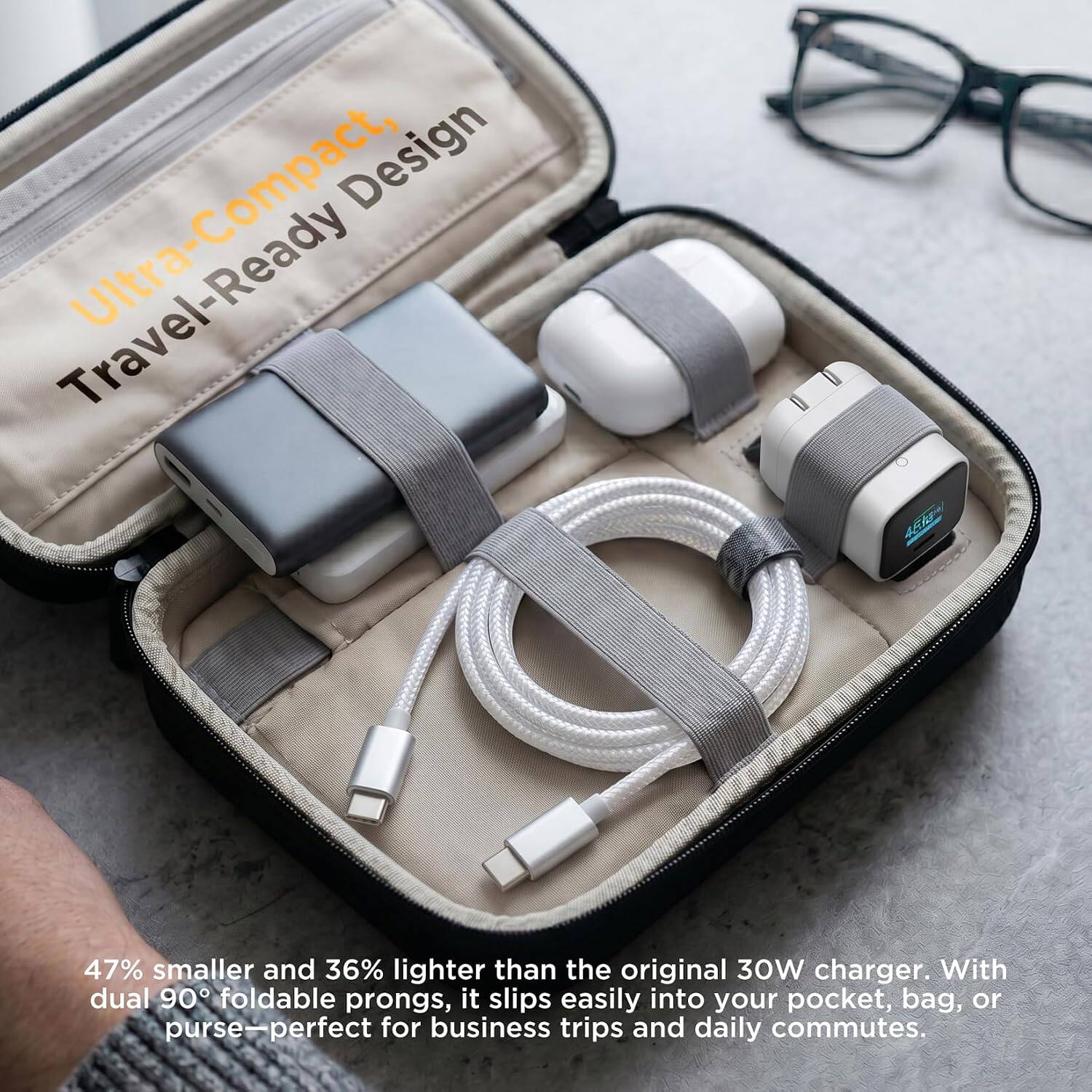 Design Travel-Ready 4E: 47% smaller and 36% lighter than the original 30W charger. With dual 90° foldable prongs, it slips easily into your pocket, bag, or purse—perfect for business trips and daily commutes.