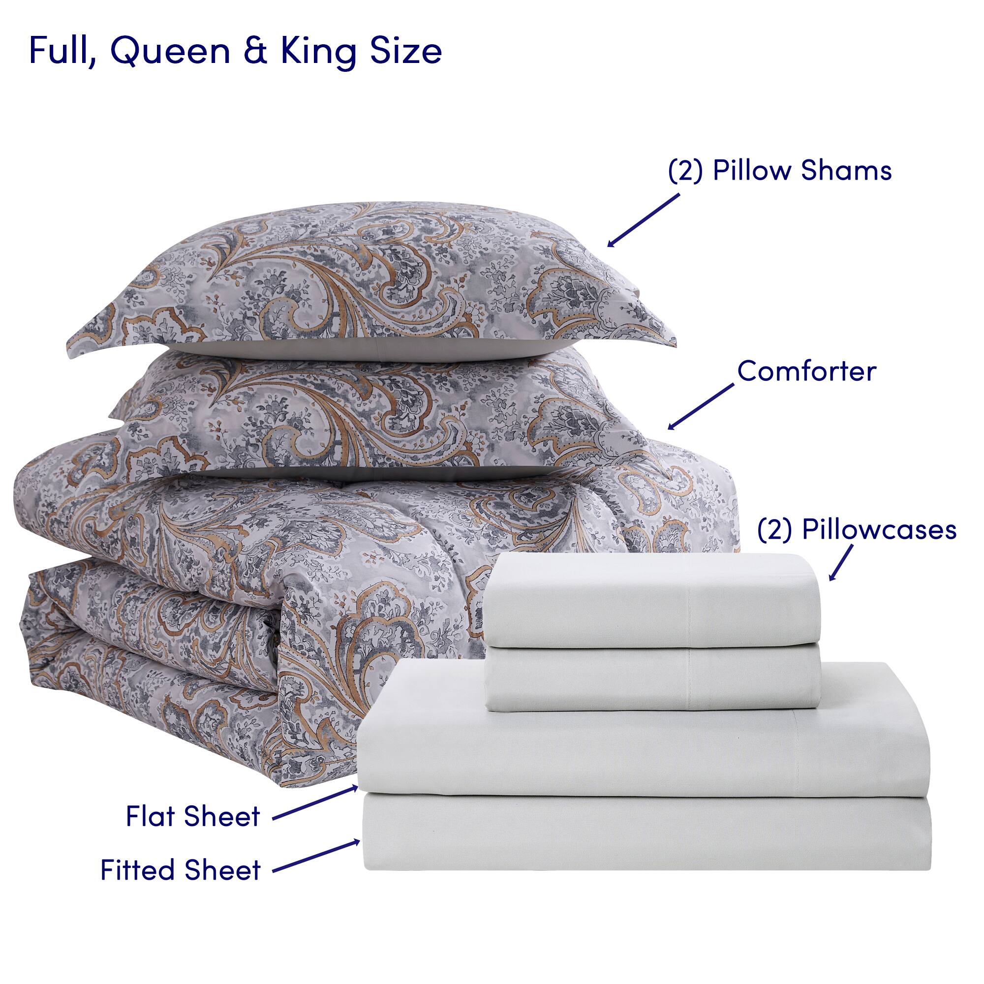Full, Queen & King Size  
(2) Pillow Shams  
Comforter  
(2) Pillowcases  
Flat Sheet  
Fitted Sheet