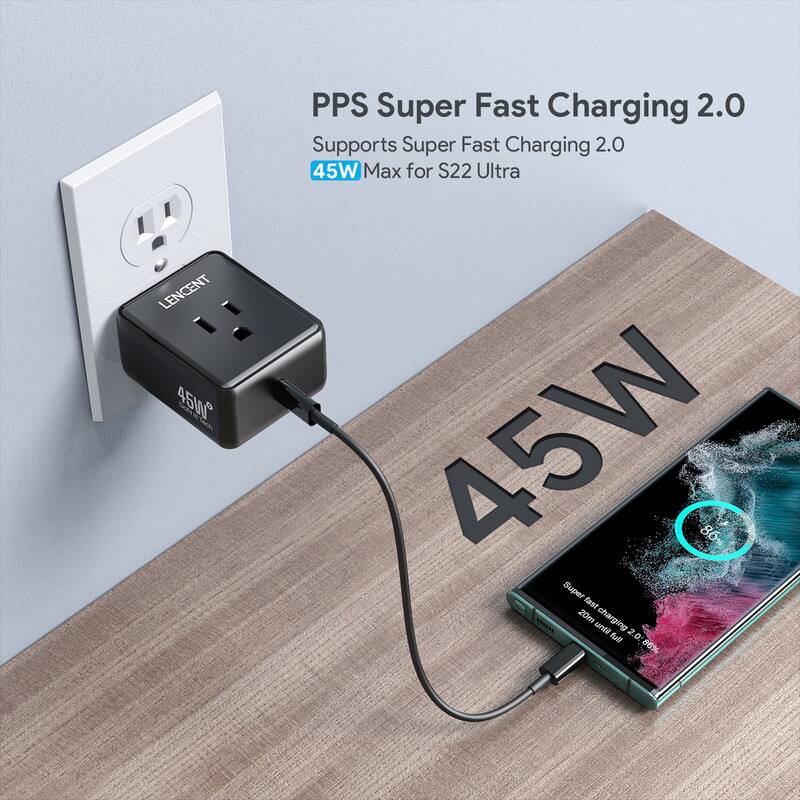 LENCENT 4500  
PPS Super Fast Charging 2.0  
Supports Super Fast Charging 2.0  
45W Max for S22 Ultra  
45W Super  
20m fast charging  
86% until full  
2.0