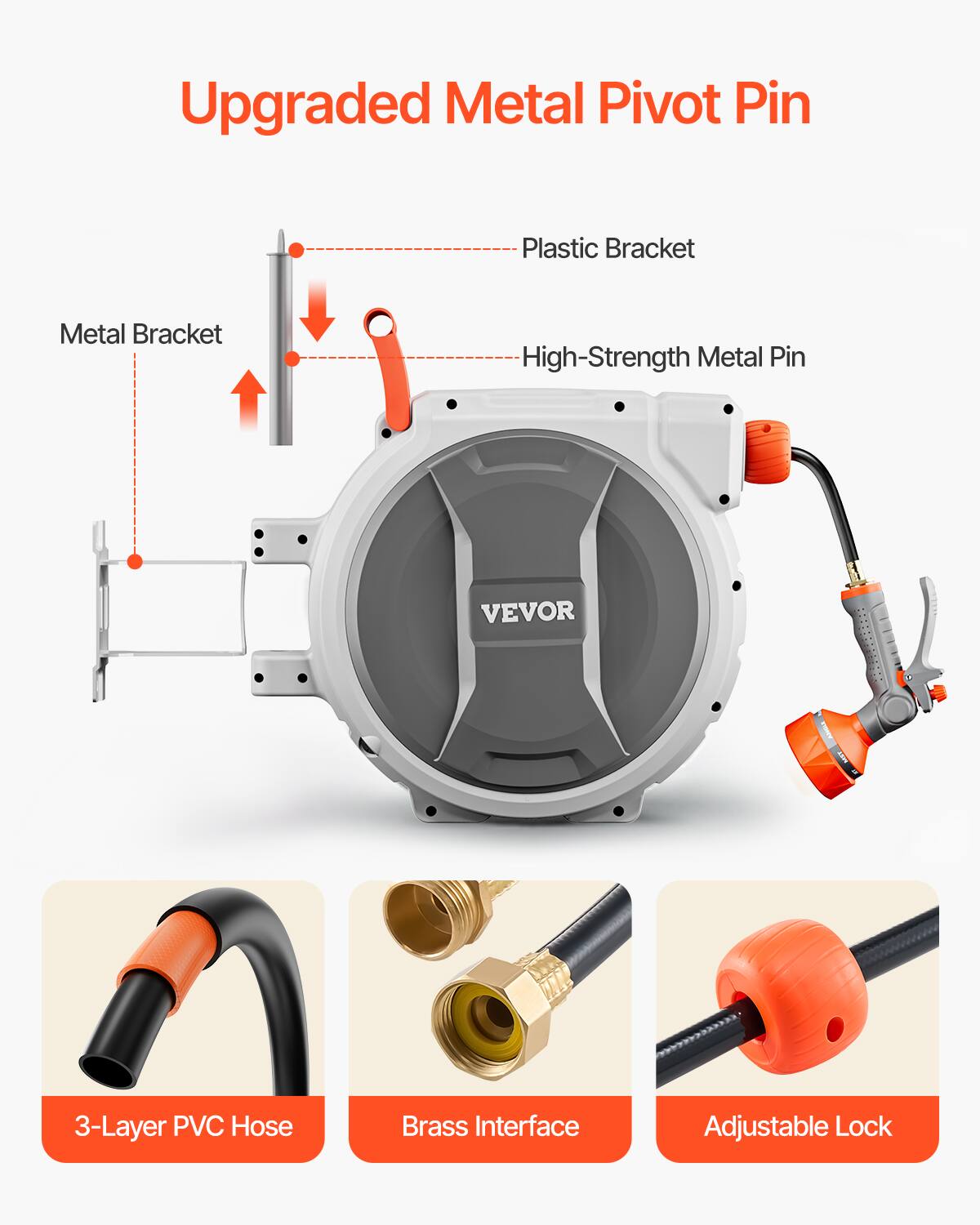 Upgraded Metal Pivot Pin

- Plastic Bracket
- High-Strength Metal Pin
- Metal Bracket

VEVOR

- 3-Layer PVC Hose
- Brass Interface
- Adjustable Lock