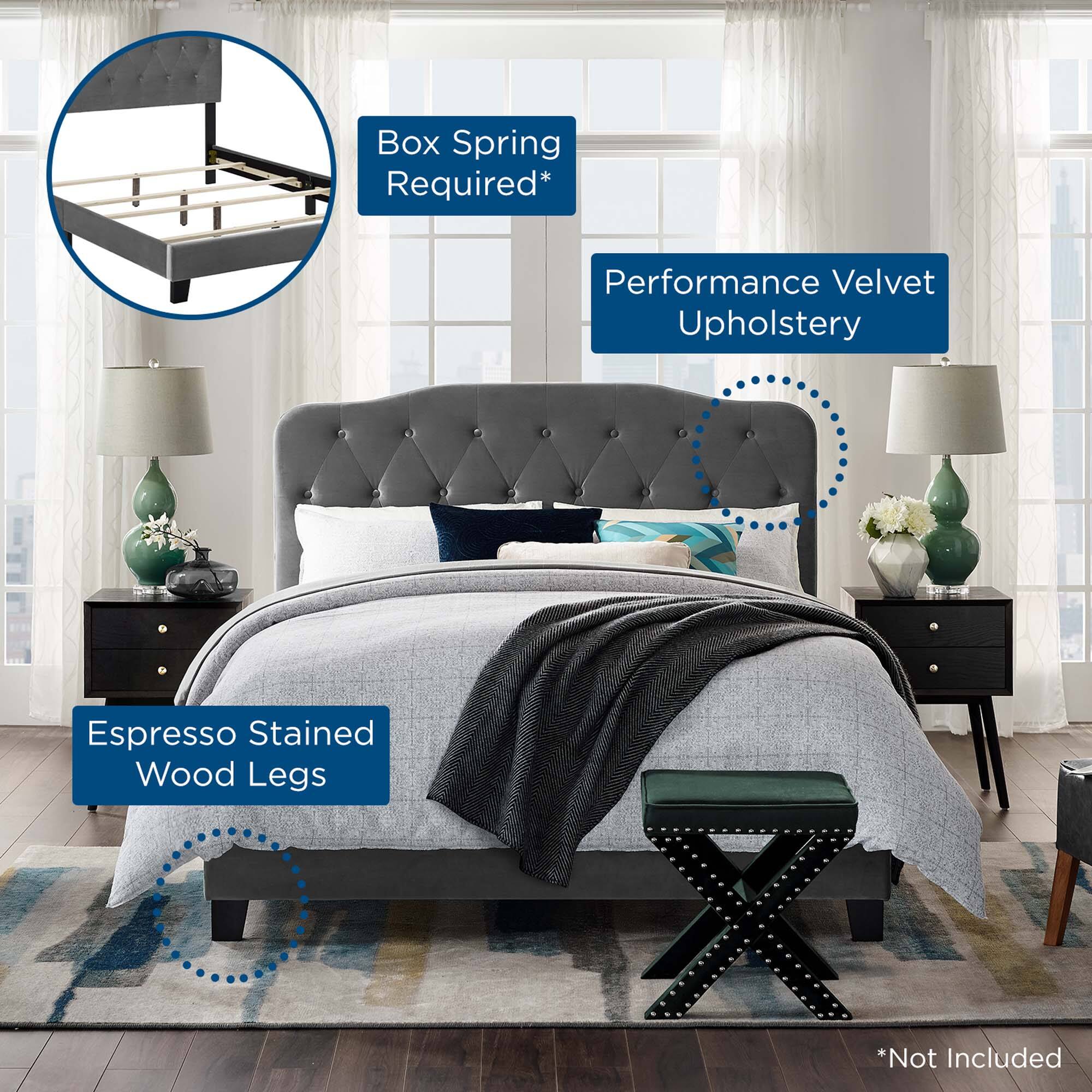 Box Spring Required*  
Performance Velvet Upholstery  
Espresso Stained Wood Legs  
*Not Included