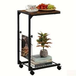 Oumilen - Adjustable Height Rolling Side Table with Storage Basket & Mesh Shelf - Brown