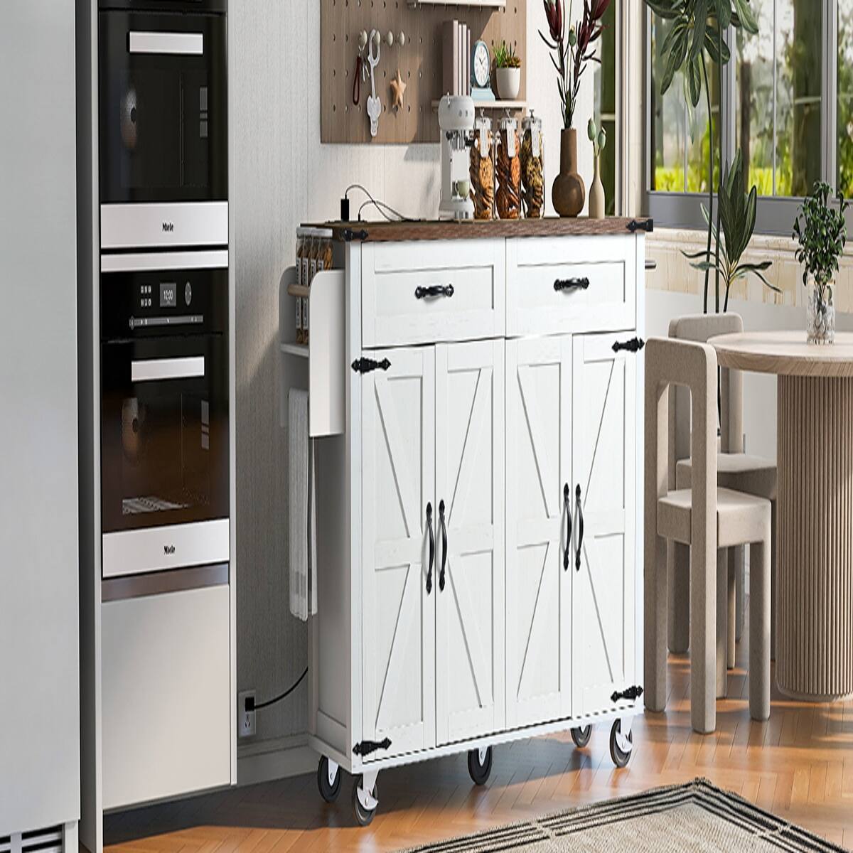 Alt View 2. Loheer - Loheer 53.5" Farmhouse Kitchen Island with Drop Leaf, Rolling Kitchen Cart with Power Outlet, White - White.