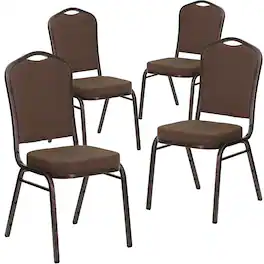 Emma + Oliver - 4 Pack Crown Back Stacking Banquet Chair - Brown Patterned Fabric/Copper Vein Frame