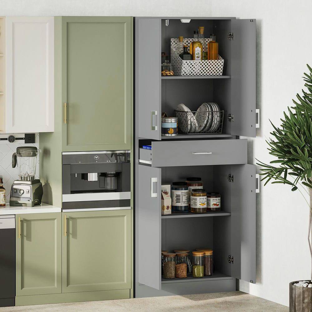 Front. Kadyn - 71-Inch Tall Kitchen Pantry with Storage Drawer and Adjustable Shelf, Gray - Gray.