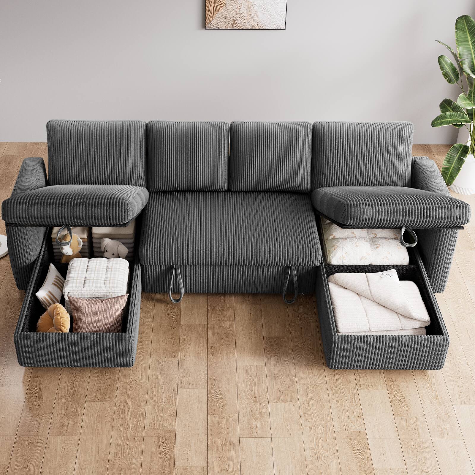 Angle. Dyonery - 81" U Shaped Pull Out Couches for Living Room with Storage Chaise, USB Port&Cupholder - Grey.