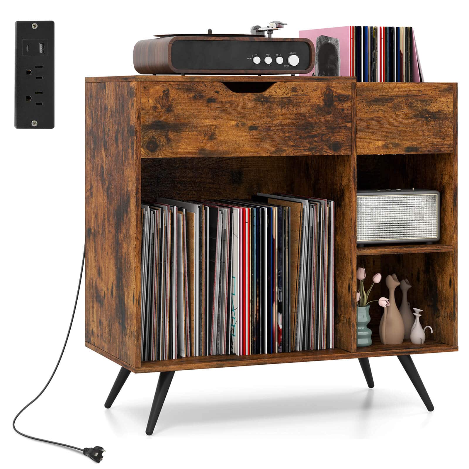 Costway - Record Player Stand with Power Outlet, Drawer, Removable Divider Industrial Turntable Display Stand - Brown
