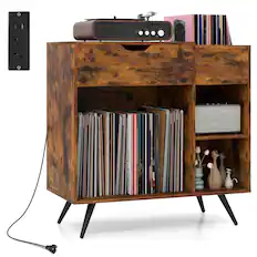 Front. Costway - Costway Record Player Stand with Power Outlet, Drawer, Removable Divider Industrial Turntable Display Stand - Brown.