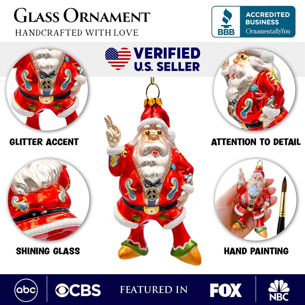 **Glass Ornament**  
Handcrafted with Love

**Verified U.S. Seller**

- Glitter Accent
- Shining Glass
- Attention to Detail
- Hand Painting

**Accredited Business**  
OrnamentallyYou

**Featured in**  
ABC  
CBS  
FOX  
NBC