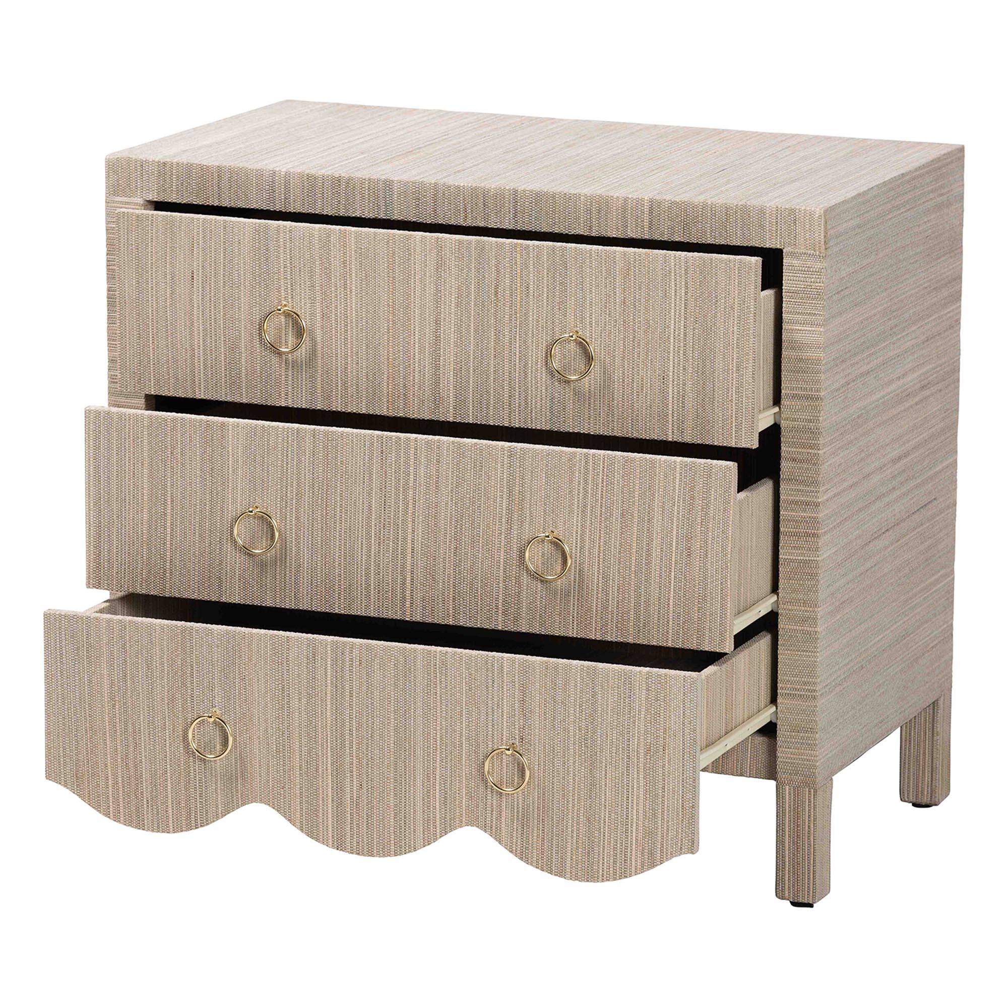 Angle. bali & pari - Umika Grasscloth Nightstand with Scalloped Base - 3-Drawer Accent Chest with Gold Ring Pulls, Bedroom Storage Table - Beige/Gold.