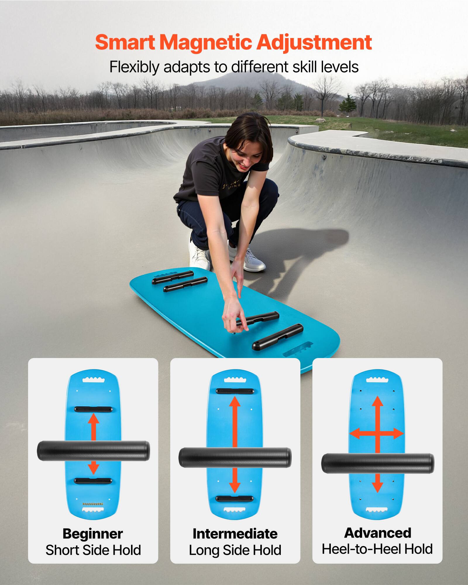 Smart Magnetic Adjustment  
Flexibly adapts to different skill levels

- Beginner: Short Side Hold
- Intermediate: Long Side Hold
- Advanced: Heel-to-Heel Hold