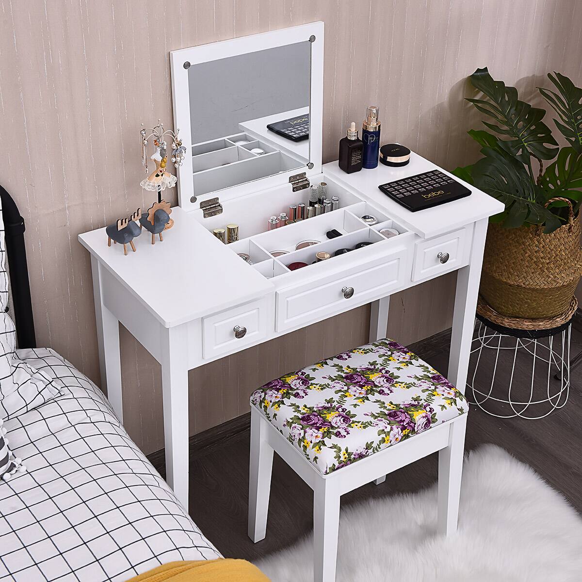 Alt View 3. Costway - Costway Vanity Dressing Table Flip Top 7 Compartments Makeup Desk - White.