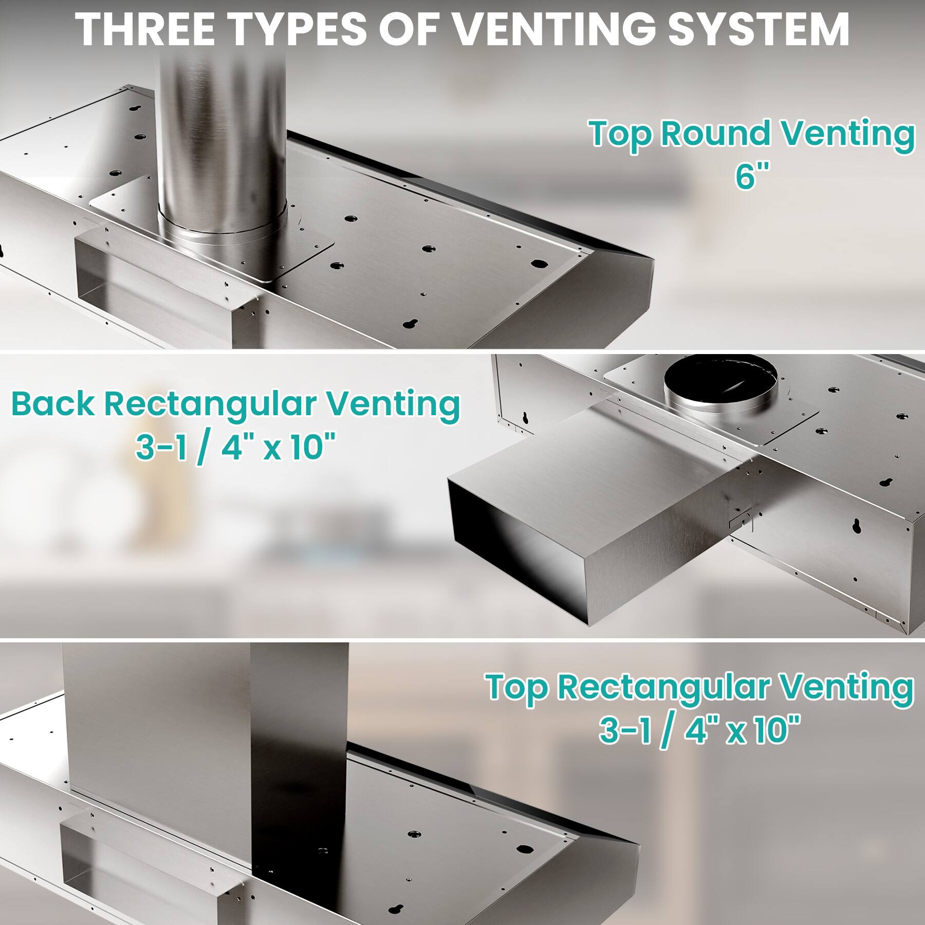 THREE TYPES OF VENTING SYSTEM

Top Round Venting  
6"

Back Rectangular Venting  
3-1/4" x 10"

Top Rectangular Venting  
3-1/4" x 10"