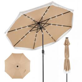 Gymax - 9FT Solar Patio Umbrella w/24 LED Lights Fringe Push Button Tilt Crank Handle - Beige