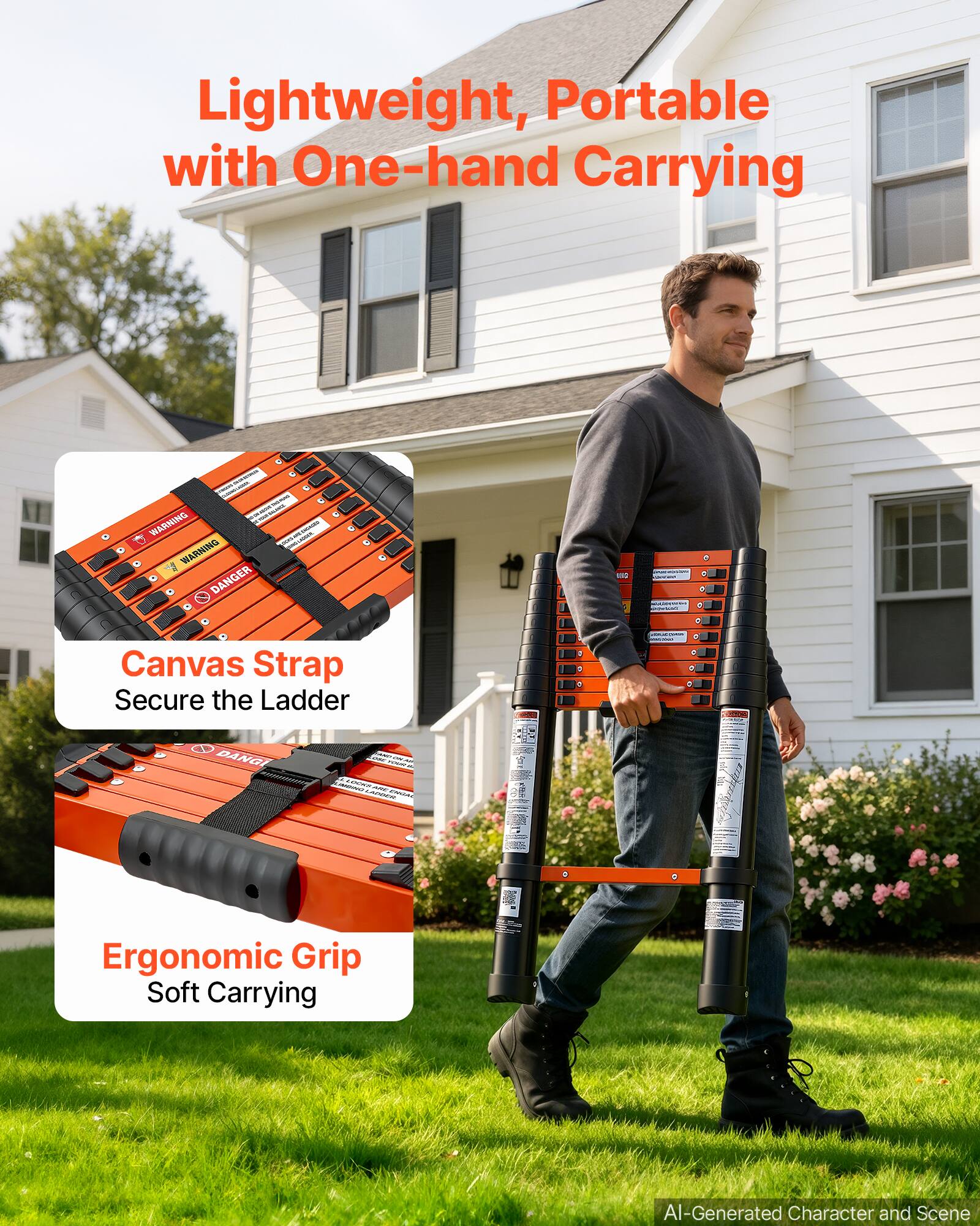 Lightweight, Portable with One-hand Carrying

- WARNING passage WARNING DANGER
- WORLD CONOMINO
- Canvas Strap Secure the Ladder
- Ergonomic Grip Soft Carrying

AI-Generated Character and Scene