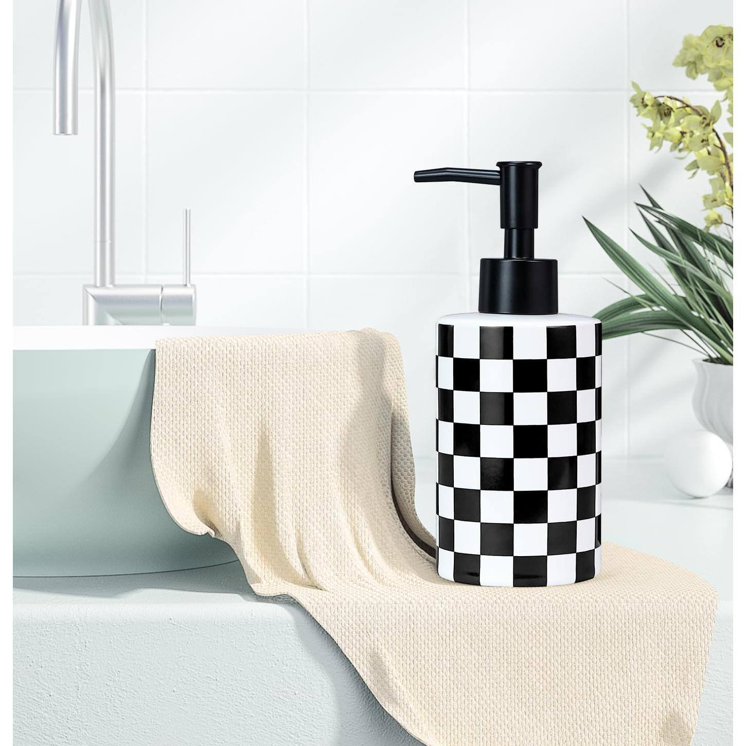 Alt View 6. Dapper Styles - Checke Soap Dispenser With Pump And Ceramic Bottle For Kitchen Bathroom Hand Containers - Pink and White Checkered Soap Dispenser.